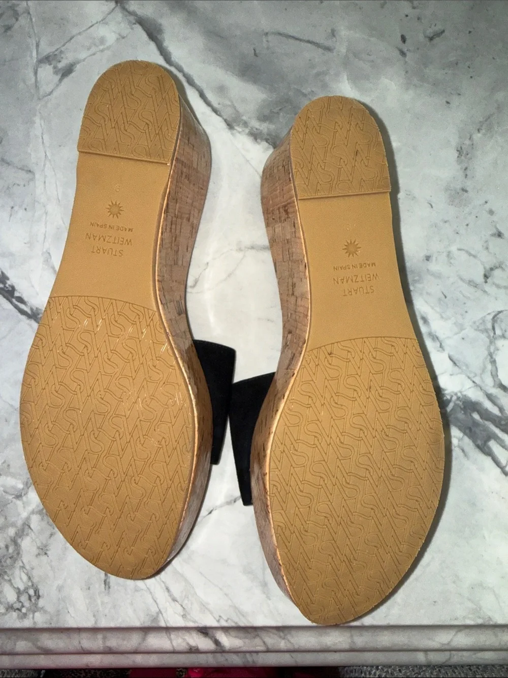 Stuart Weitzman Black Suede Cork Wedge Slide Sandals